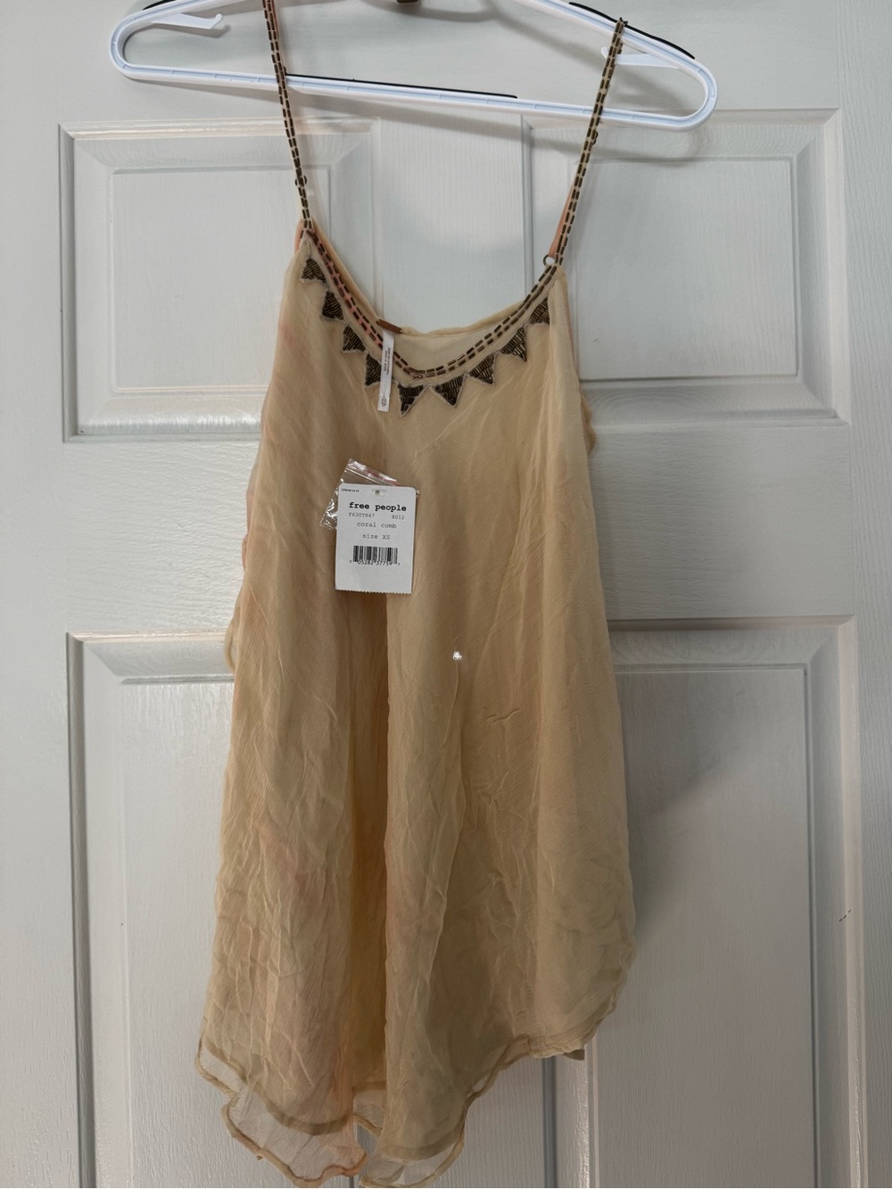 Free People Cream Sheer Embroidered Spaghetti-Strap Tank hi low